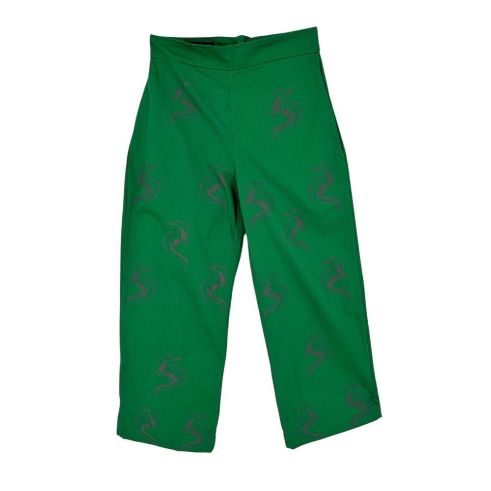 Green Alligator Print Cropped Pants Women Size M High Waisted Barrel Leg